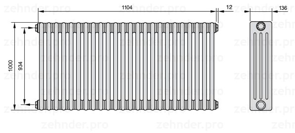 Схема (чертеж) Радиатор Zehnder Charleston 4100/24 №1270 Белый глянцевый RAL 9016